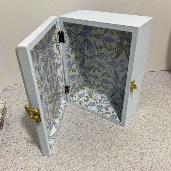 Vintage jewelry trinket keepsake box modified wood painted blue & white crafted - Picture 4 of 10